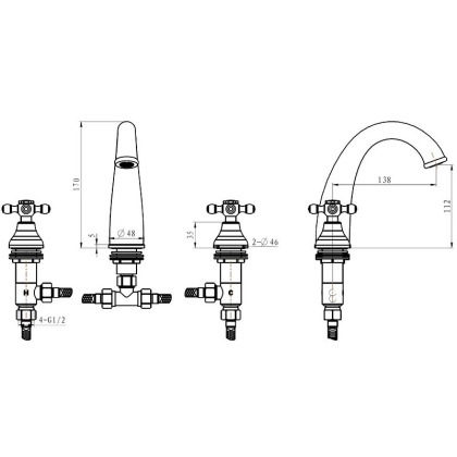 Смеситель для умывальника на 3 отв. ROYAL CRYSTAL, бронза_Комплект