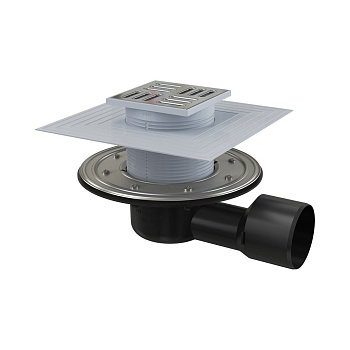 Сливной трап 105×105/50/75 мм боковой сток, решетка из нержавеющей стали, фланец из нержавеющей стали, воротник изоляции 2–го уровня, гидрозатвор сухой и мокрый
