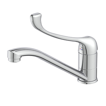 Смеситель для раковины/кухни с локтевой рукояткой, с поворотным изливом, высота излива 12 см, длина 21 см, латунь/хром Смеситель для раковины/кухни с локтевой рукояткой, с поворотным изливом, высота излива 12 см, длина 21 см, латунь/хром