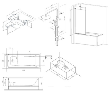 Акриловая ванна Gem 150x70 с каркасом и шторкой на б/в W90BS-D080-140CT+ДС Gem F0790000+F90A1000
