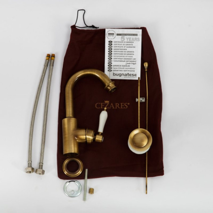 APHRODITE-LS2-03/24-Bi Смеситель для раковины с донным клапаном, исполнение золото 24 карат, ручки белые