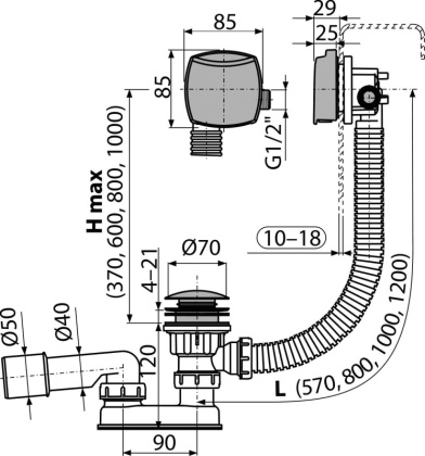 Сифон для ванны CLICK/CLACK с напуском воды через перелив для ванн с толстыми стенками, хром