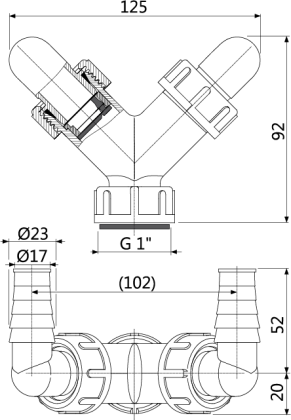 Колено с двумя штуцерами G1"/17–23 с обратными клапанами