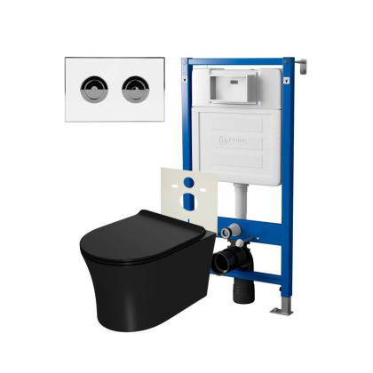 Сет: Система инсталляции пневматическая Point Элемент П для подвесного унитаза PN45121 + Клавиша смыва для пневматической инсталляции Point Венера, установка в стену, белый/хром, PN44071WC + Унитаз подвесной Point Вега безободковый, чёрн мат, PN41711BM