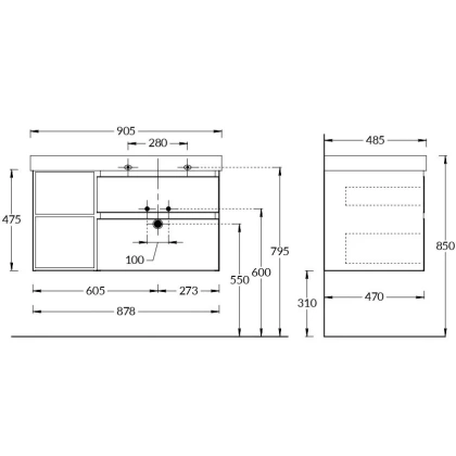 Тумба CUBO правая подвесная с ящиками 90, лимо матовая-древесная