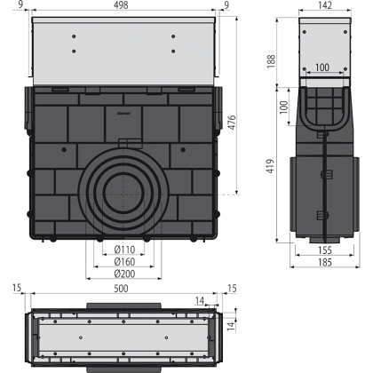 Пескоуловитель для дренажного канала с щелевой асимметричной сервисной надставкой 160 мм, оцинкованная сталь 