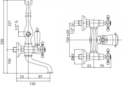 NOSTALGIA-VD-03/24-Bi Смеситель для ванны с ручным душем Исполнение: Золото 24 карат, Ручки: Белый 