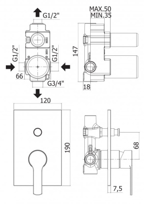 OVEST-VDIM-01 Встраиваемый однорычажный смеситель для душа с переключателем, исполнение хром