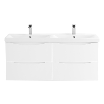Тумба с раковиной на две чаши четырьмя ящиками подвесная BelBagno MARINO-CER 120 Bianco Opaco, раковина белая
