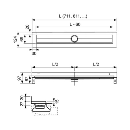 Дренажный канал для пристенного монтажа, прямой, 120 см