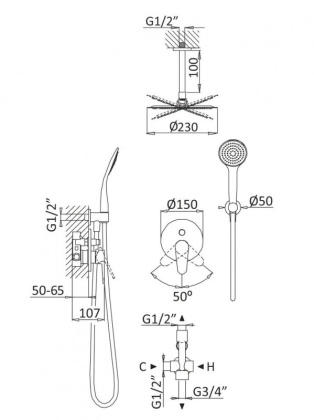 CZR-B-DSIS-NOP Душевая система с дивиатором для верхнего и ручного душа, потолочный верхний душ из ABC Исполнение: Чёрный матовый 