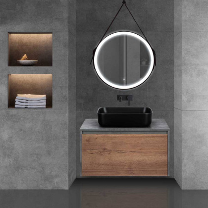 База под накладную раковину Mesa 800 подвесная, 1 выкатной/1 скрытый ящик soft close, T.Oak + Beton