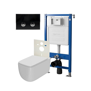 Сет: Система инсталляции пневматическая Point Элемент П для подвесного унитаза PN45121 + Клавиша смыва для пневматической инсталляции Point Венера, черный/хром, PN44071BC + Унитаз подвесной Point Меркурий безободковый, сиденье дюропласт микролифт, быстрос