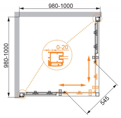 ANIMA-W-A-2-90-C-Cr Душевой уголок Условные размеры, мм:900х900х2000 Габариты с диапазоном регулировок, мм:(880-900)х(880-900)х2000 Ширина входа, мм:495 