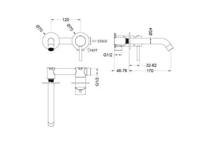 Смеситель для раковины настенный 2 отв. (внешняя и скрытая часть) AQUATEK AQ1313CR ЕВРОПА