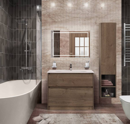 Тумба со стеклянной матовой раковиной напольная BelBagno KRAFT 80 Rovere Tabacco, раковина белая Тумба со стеклянной матовой раковиной напольная BelBagno KRAFT 80 Rovere Tabacco, раковина белая
