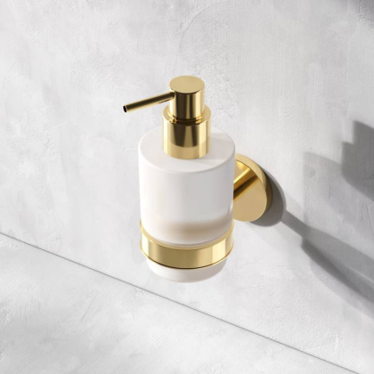 Стеклянный диспенсер для жидкого мыла с настенным держателем, 15,1х6,8х10,8 см, цвет белый с золотом, A85A36999