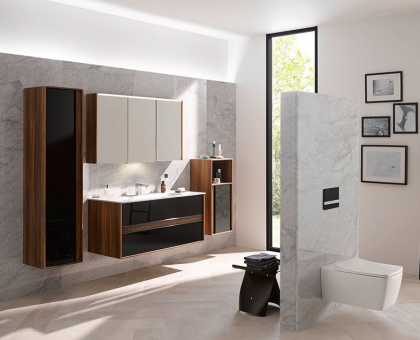 Шкаф Metropole 80 см с раковиной Infinit из искусственного камня, c 2мя ящиками,  цвет сливовое дерево, фасад черное акриловое стекло