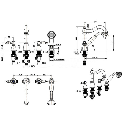 Смеситель врезной 4 отв. ROYAL CRYSTAL, золото_Комплект
