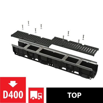 Дренажный канал 100 мм с металлической рамой и чугунной решеткой D400