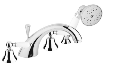 FIRST-BVD-03/24-Bi Смеситель на борт ванны с ручным выдвижным душем Исполнение: Золото 24 карат, Ручки: Белые  FIRST-BVD-03/24-Bi Смеситель на борт ванны с ручным выдвижным душем Исполнение: Золото 24 карат, Ручки: Белые