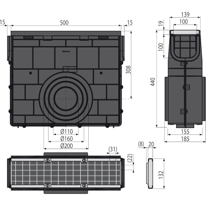 Пескоуловитель для дренажного канала AVZ102 с пластиковой рамой и оцинкованной решеткой B125