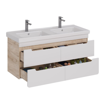 Тумба Lemark OLIVIA 125см под 2 раковины, подвесная,4 ящика, цвет корпуса: Дуб кантри, цвет фасада: Белый глянец Тумба Lemark OLIVIA 125см под 2 раковины, подвесная,4 ящика, цвет корпуса: Дуб кантри, цвет фасада: Белый глянец