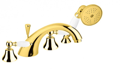 FIRST-BVD-03/24-Bi Смеситель на борт ванны с ручным выдвижным душем Исполнение: Золото 24 карат, Ручки: Белые  FIRST-BVD-03/24-Bi Смеситель на борт ванны с ручным выдвижным душем Исполнение: Золото 24 карат, Ручки: Белые