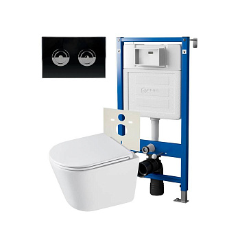Сет: Система инсталляции пневматическая Point Элемент П для подвесного унитаза PN45121 + Клавиша смыва для пневматической инсталляции Point Венера, установка в стену, черный/хром, PN44072BC + Унитаз подвесной Point Венера безободковый, белый, сиденье дюро