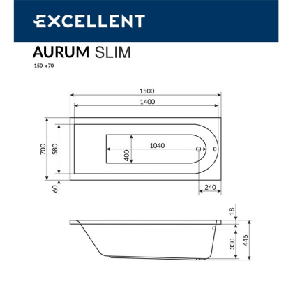Ванна ACTIMA Aurum Slim 150x70 на каркасе