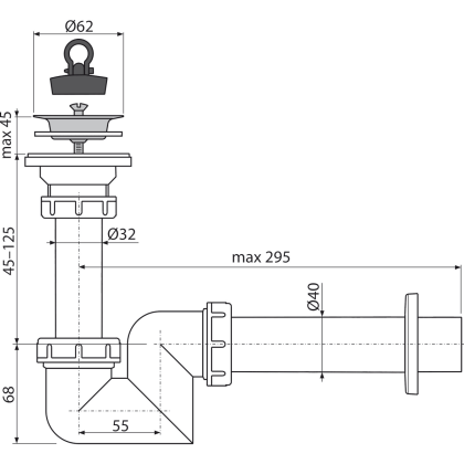 Сифон для умывальника S-образный DN40 с нержавеющей peшeткой DN63