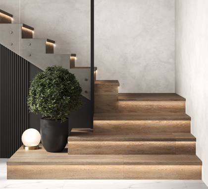 Ступень L из керамогранита AMAZON WOOD NATURAL 32х120 MATT с подступенником
