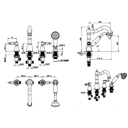 Смеситель врезной на 4отв. Camelia золото_Комплект
