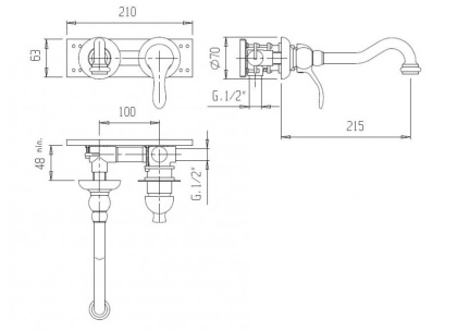 ELITE-BLS1-03/24-Bi Встраиваемый однорычажный смеситель для раковины, золото, ручки белые