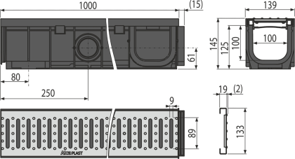 Дренажный канал 100 мм с пластиковой рамой и оцинкованной решеткой „C“ профиль A15