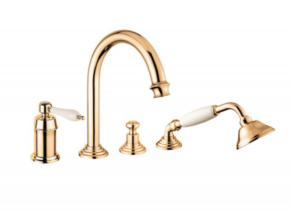 APHRODITE-BVDM-03/24-Bi Смеситель на борт ванны однорычажный с выдвижным душем и переключателем, исполнение золото 24 карат, ручки белые APHRODITE-BVDM-03/24-Bi Смеситель на борт ванны однорычажный с выдвижным душем и переключателем, исполнение золото 24 карат, ручки белые