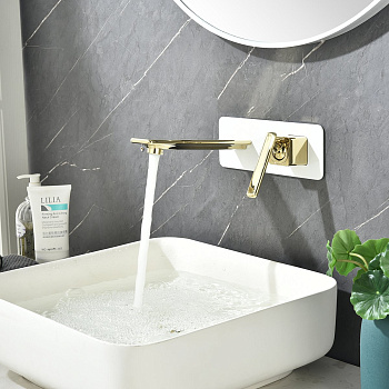 Смеситель для раковины встраиваемый, длина излива 17 см, латунь/белый/золото