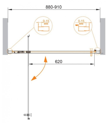 Душевая дверь ECO-O-BA-1-90-C-Cr Условные размеры,мм:900х1900 Габариты с диапазоном регулировок,мм:(880-910)х1900 Ширина входа,мм:620 