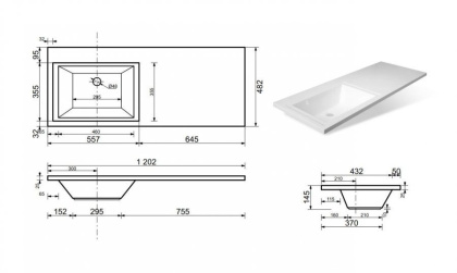 Тумба подвесная под умывальник Dallas Luxe 1200х482 правосторонняя 1 ящик (ШхГхВ) 1192х476х430