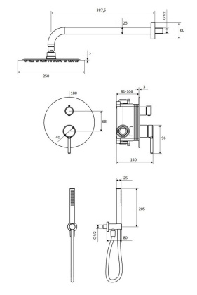 Система для душа скрытого монтажа EXCELLENT Pi AREX.SET.1247BL (черный мат)
