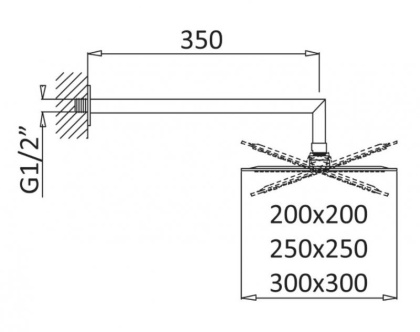 PORTA-TDDQ-30-SR Верхний душ 300x300мм с изливом 350 мм, квадратное сечение, исполнение матовое золото