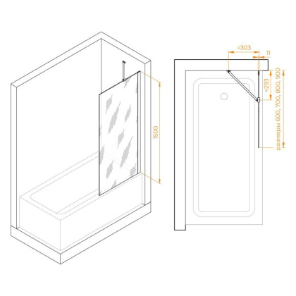 Шторка на ванну  60*150 RGW SC-150-B Чёрный/Прозрачное/6 мм (Easy)