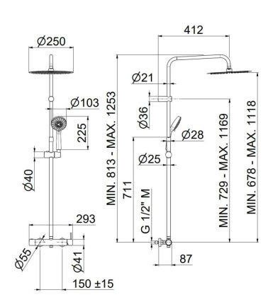 Душевая колонна NOTA на 2 потока с механическим смесителем с  ручным душем на 5 режимов, хром Душевая колонна NOTA на 2 потока с механическим смесителем с  ручным душем на 5 режимов, хром