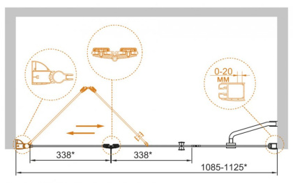 Душевая дверь ELENA-W-BS-13-30+40/40-P-Cr-L Условные размеры, мм:1100х1950 Габариты с диапазоном регулировок, мм:(1085-1125)х1950 