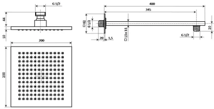Рассеиватель FIORETTO для верхнего душа 200х200, комплект с держателем, хром