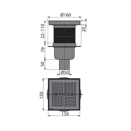 Сливной трап 150×150/50 мм прямой сток, решетка серая, гидрозатвор мокрый Сливной трап 150×150/50 мм прямой сток, решетка серая, гидрозатвор мокрый