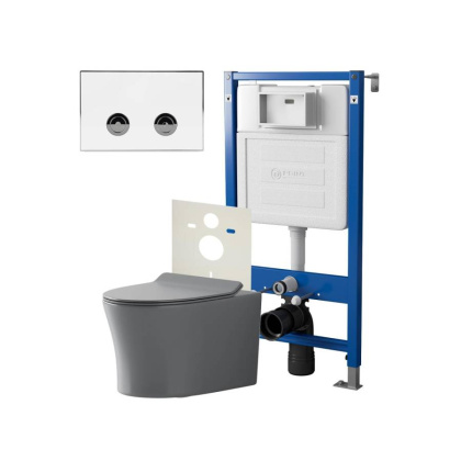Сет: Система инсталляции пневматическая Point Элемент П для подвесного унитаза PN45121 + Клавиша смыва для пневматической инсталляции Point Венера, белый/хром, PN44071WC + Унитаз подвесной Point Вега безободковый, сер мат, PN41711GM