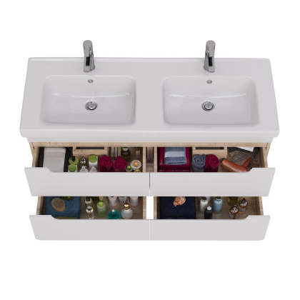 Тумба Lemark OLIVIA 125см под 2 раковины, подвесная,4 ящика, цвет корпуса: Дуб кантри, цвет фасада: Белый глянец