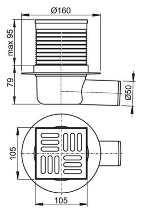 Сливной трап 105×105/50 мм боковой сток, решетка из нержавеющей стали, гидрозатвор мокрый