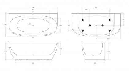 Акриловая ванна без перелива BELBAGNO BB83-1700-W0